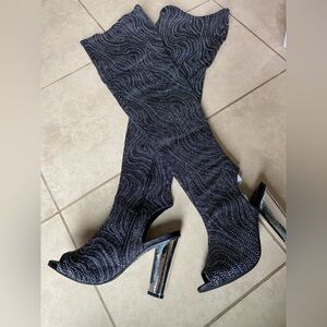 BAMBOO Black and Silver Textured Heels Over The Knee Thigh High Boots Club Party